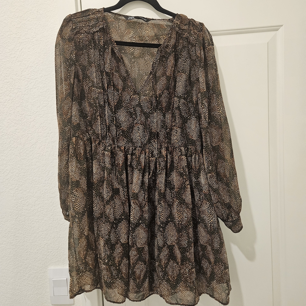 Zara Brown Bohemian Snake Print Long Sleeve Dress Size L